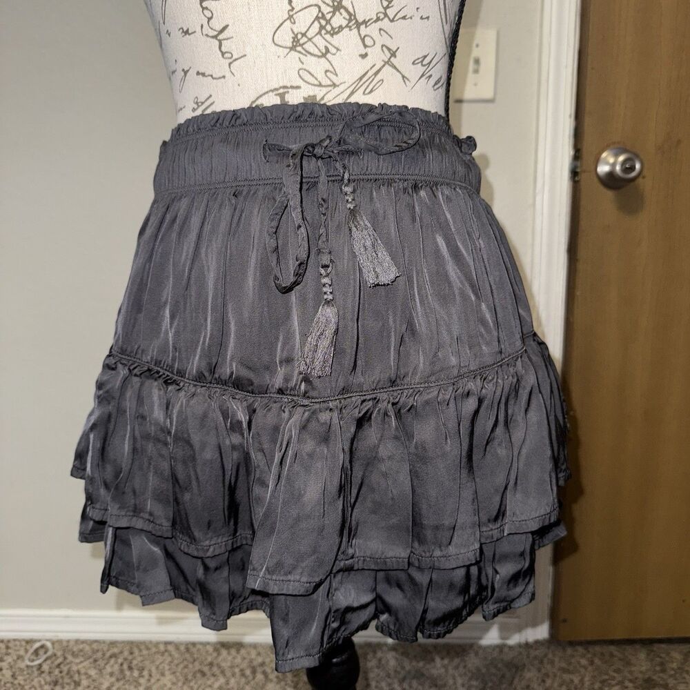 Aerie Solid Black Ruffle Layered A-Line Short Skirt Elastic Drawstring Waist S